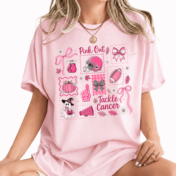 Godmerch Women's Pink Out Tackle Cancer Cute Breast Cancer Football Halloween Coquette Bow T-Shirt