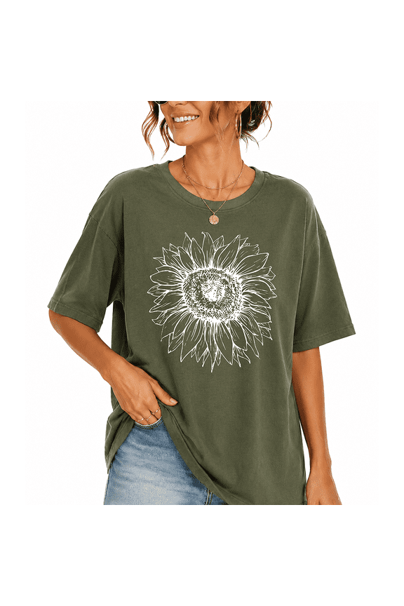 Women's Pink Sunflower Crew Neck Loose Relaxed Oversized Fit Graphic Tee 100% Cotton Summer Vacation Beach Shirt