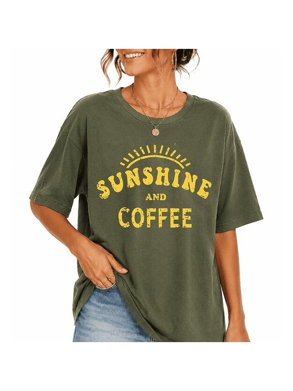 Women's Sunshine and Coffee Crew Neck Loose Relaxed Oversized Fit Graphic Tee 100% Cotton Summer Vacation Beach Shirt