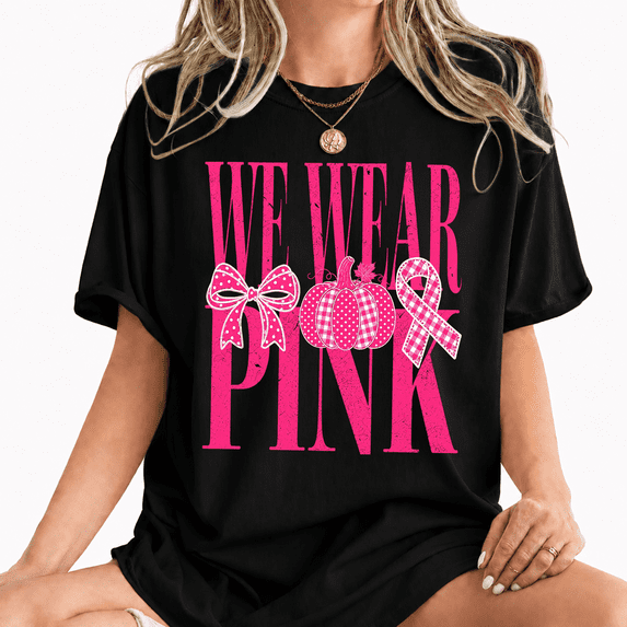 Godmerch Women's We Wear Pink Plaid Pumpkin Breast Cancer Awareness 100% Cotton T-Shirt