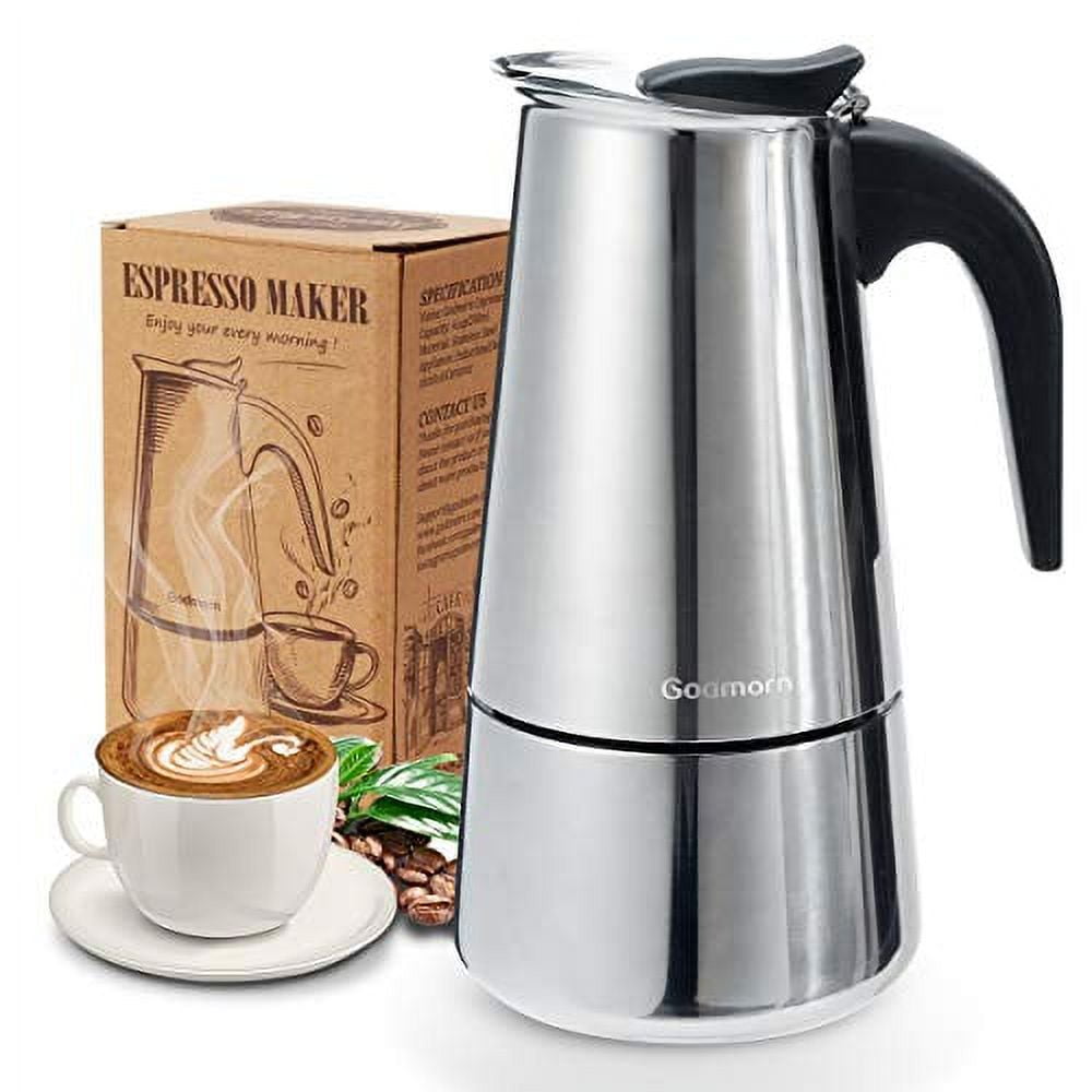 Bruntmor Stovetop Espresso Maker - Italian Coffee Pot, Stainless Steel -  5.51 D x 3.85 W x 7.48 H - For Stove Top, Induction, Gas, Electric 