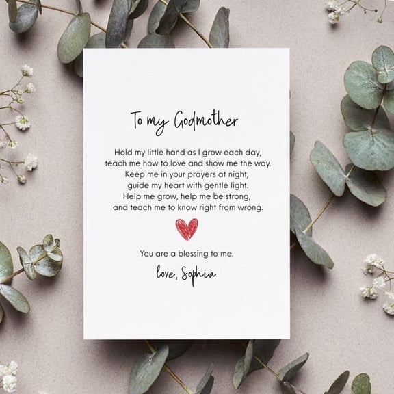 To My Godmother Greeting Card from Godchild, Sentimental Poem Card with Red Heart, Meaningful Keepsake for Baptism, Christening, or Godparent Proposal