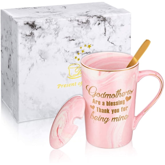 Godmother Marble Coffee Mug 14 oz Ceramic Cup Spoon Lid Gift Box Birthday Appreciation Pink