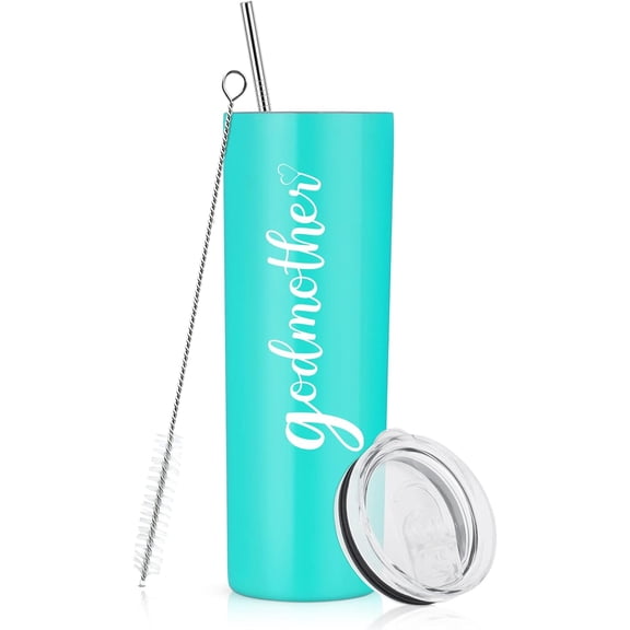 Godmother Stainless Steel Skinny Tumbler 20oz, Mother''s Day Skinny Travel Tumbler with Lid and Straw, Godmother Gift for Mother''s Day, Birthday, Christmas, Baptism, Aqua Blue