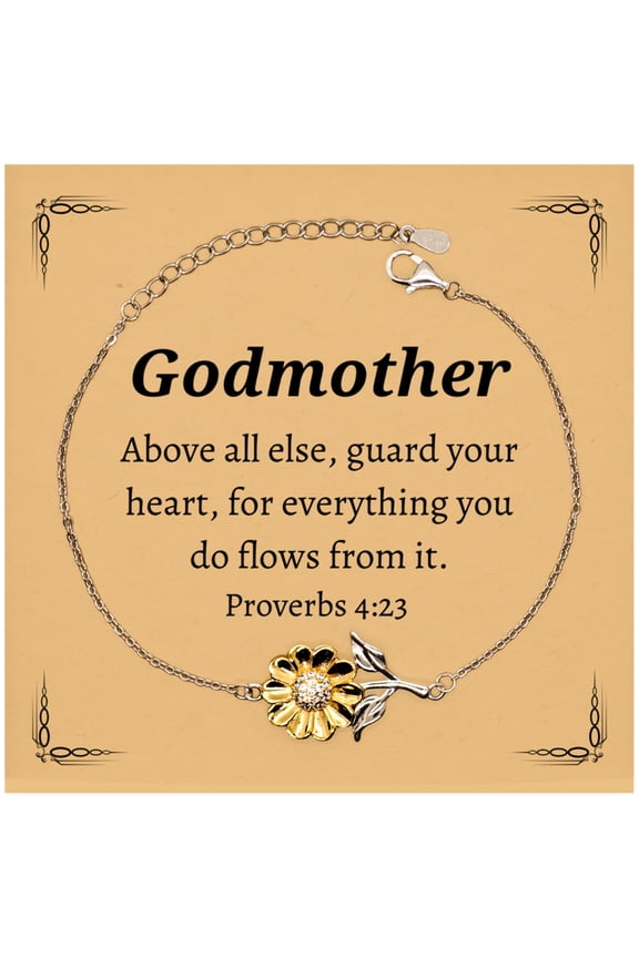 Godmother Sunflower Bracelet - Inspirational Engraved Jewelry for Mothers Day, Christmas, Birthday Gifts with Proverbs 4:23 Quote