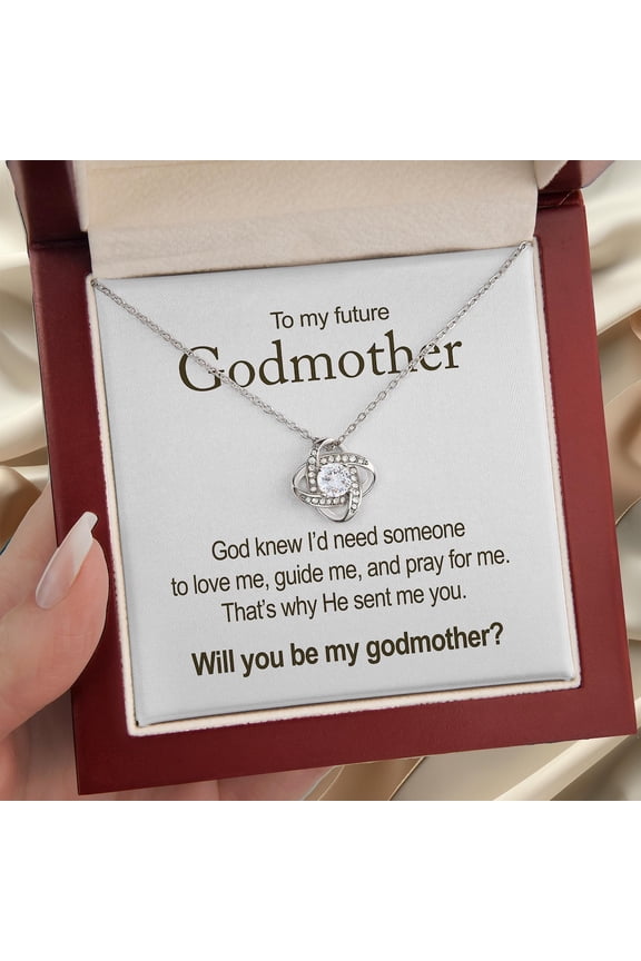 Godmother To BeKnot Necklace Personalized Card Message Keepsake Godmother Proposal, White Love Knot Necklace