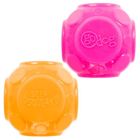 goDog Silent Squeak Ball Dog Toys, 2 CNT, Orange & Pink, One Size