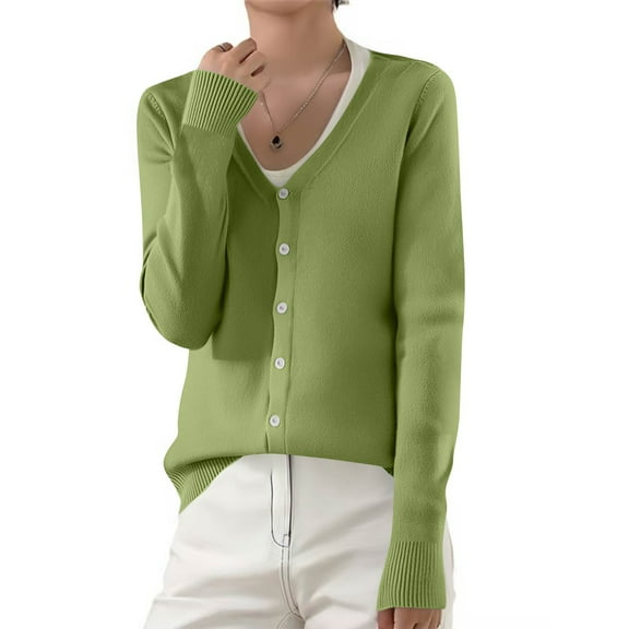 Godokuleh Cardigan Sweaters for Women Fall Solid Long Sleeve V Neck Button Up Fuzzy Knit Tops Lightweight Trendy Warm Soft Clothes Green L