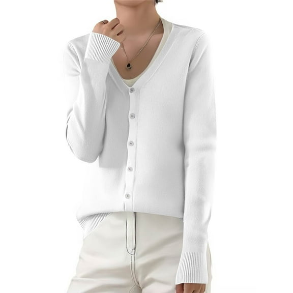 Godokuleh Cardigan Sweaters for Women Fall Solid Long Sleeve V Neck Button Up Fuzzy Knit Tops Lightweight Trendy Warm Soft Clothes White L