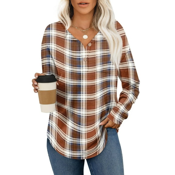 Godokuleh Christmas Plaid Shirts for Women Long Sleeve Button Down Henley Shirts Dressy Casual Fall Ladies Tops and Blouses Light Brown 2XL