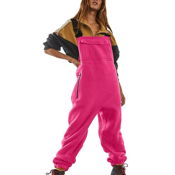 Godokuleh Fleece Overalls for Women Loose Fit Winter Fuzzy Jumpsuits with Pockets Fluffy Snow Adjustable Strap Snowsuit Hot Pink S