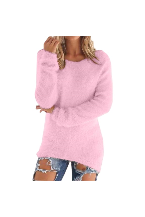 Women's Fashionable Long Sleeve Pullovers Loose Fluffy Fuzzy Jumper Sweater Winter Warm Baggy Tops Pink M