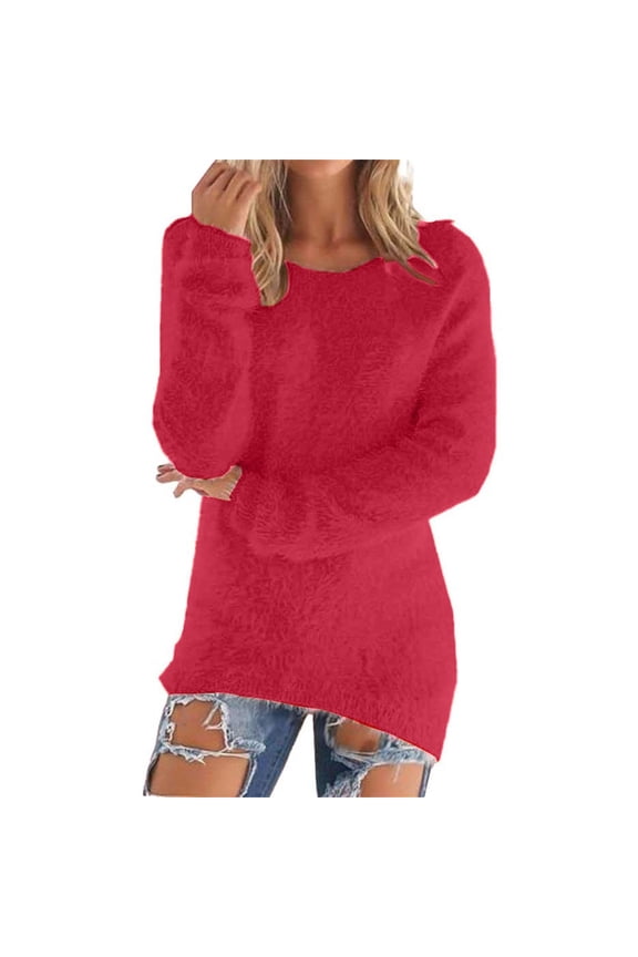 Women's Fashionable Long Sleeve Pullovers Loose Fluffy Fuzzy Jumper Sweater Winter Warm Baggy Tops Red M