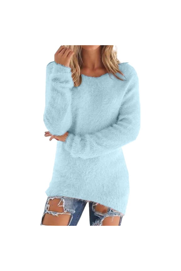 Fluffy Fuzzy Sweater for Women Loose Long Sleeve Casual Crewneck Pullover Tops Winter Warm Baggy Jumper Sweaters Sky Blue L