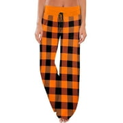 GODOKULEH Huresd Halloween Pajama Pants Plus Size Cotton Linen Bat Print Drawstring Funny Pajamas Drawstring Bell Bottom Casual Sleepwear for Women with Pocket Orange L