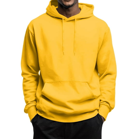 Godokuleh Hoodies for Men Cotton Fleece Casual Solid Hooded Collar Drawstring Pullover Fall Winter Long Sleeve Sweatshirts with Pocket Yellow M