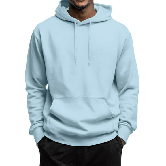 Godokuleh Hoodies for Men Fleece Casual Solid Hooded Collar Drawstring Sweatshirts Fall Winter Long Sleeve Pullover with Pocket Light Blue 2XL