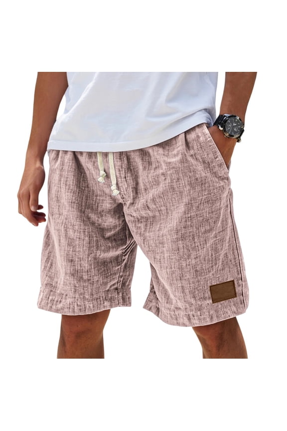 Lininco Mens Shorts, Mokaloha Mens Shorts, Men's Breathable Linen Embroidered Logo Loose Holiday Short Pink M