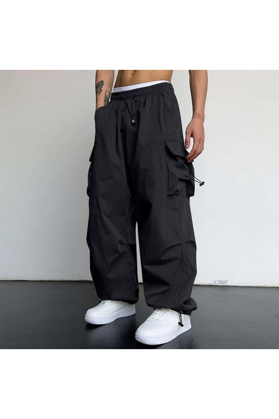 Men's Baggy Cargo Pants Trendy Casual Parachute Pant Loose Fit Harem Joggers with Pockets for Streetwear Black L