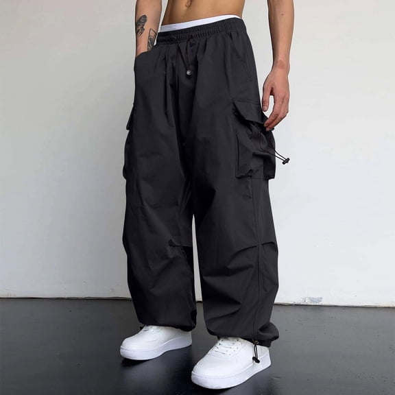 Godokuleh Men's Baggy Cargo Pants Trendy Casual Parachute Pant Loose Fit Harem Joggers with Pockets for Streetwear Black L