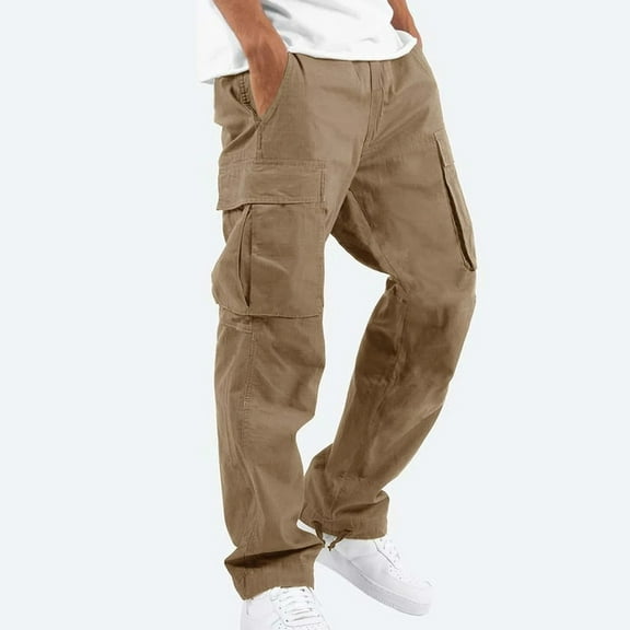 Godokuleh Mens Casual Joggers Pants Hiking Drawstring Chino Cargo Pants Straight Leg Pants Khaki M