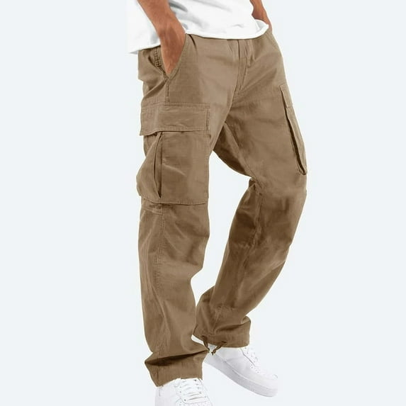 Godokuleh Mens Casual Joggers Pants Hiking Drawstring Chino Cargo Pants Straight Leg Pants Khaki S