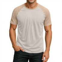 Godokuleh Mens Casual Slim Fit T Shirts Raglan Short Sleeve Crewneck Baseball Tees Color Block Workout Fashion Shirt Beige M