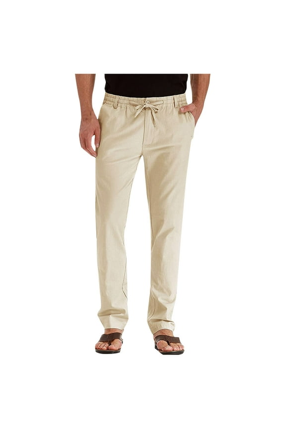 Godokuleh Mens Dress Pants Classic Fit Elastic Waist Drawstring Office Work Pants Summer Lightweight Straight-Leg Pants Beige L