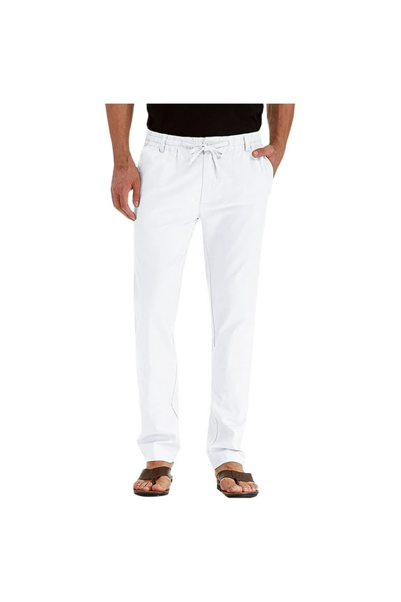 Godokuleh Mens Dress Pants Classic Fit Elastic Waist Drawstring Office Work Pants Summer Lightweight Straight-Leg Pants White S