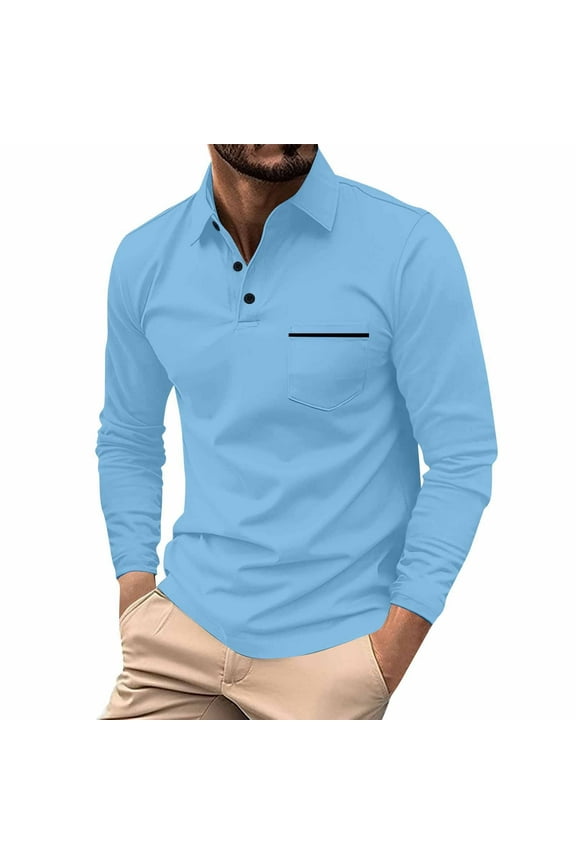 Mens Fashion Polo Shirts Cotton Classic Long Sleeve Thermal Button Shirt with Pocket Blue L