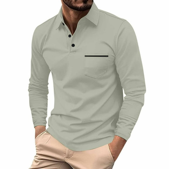 Godokuleh Mens Fashion Polo Shirts Cotton Classic Long Sleeve Thermal Button Shirt with Pocket Gray XL