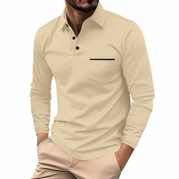 Godokuleh Mens Fashion Polo Shirts Cotton Classic Long Sleeve Thermal Button Shirt with Pocket Khaki 2XL