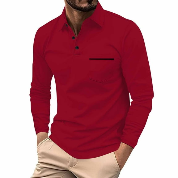 Godokuleh Mens Fashion Polo Shirts Cotton Classic Long Sleeve Thermal Button Shirt with Pocket Red L