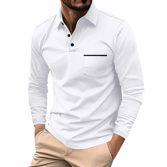Godokuleh Mens Fashion Polo Shirts Cotton Classic Long Sleeve Thermal Button Shirt with Pocket White L