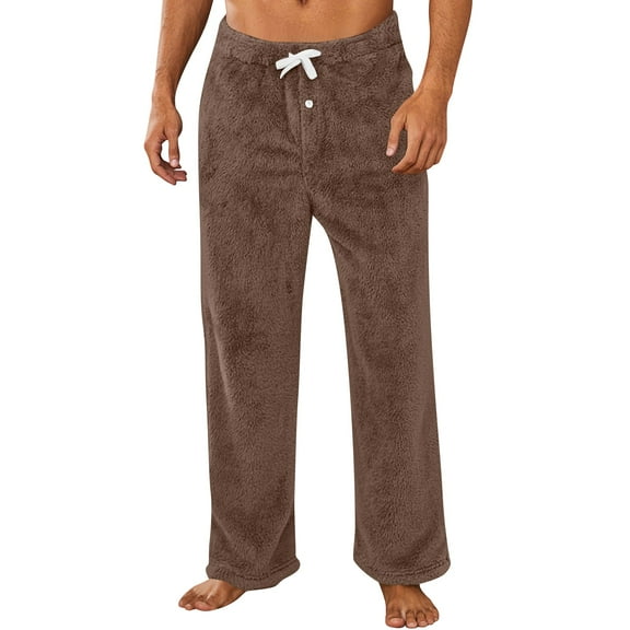 Godokuleh Mens Flannel Pajama Pants Fuzzy Soft Lounge Pants with Pockets Solid Color Christmas Pajamas Sleep Fleece Pj Bottoms Brown 2XL