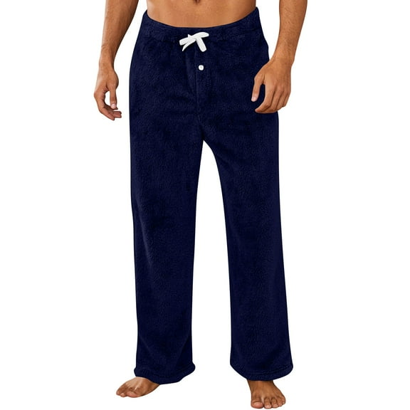 Godokuleh Mens Flannel Pajama Pants Fuzzy Soft Lounge Pants with Pockets Solid Color Christmas Pajamas Sleep Fleece Pj Bottoms Navy M