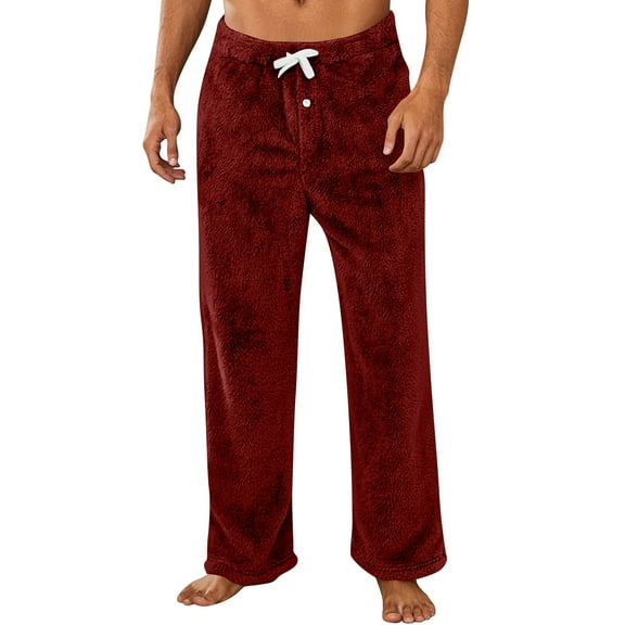 Godokuleh Mens Flannel Pajama Pants Fuzzy Soft Lounge Pants with Pockets Solid Color Christmas Pajamas Sleep Fleece Pj Bottoms Wine XL
