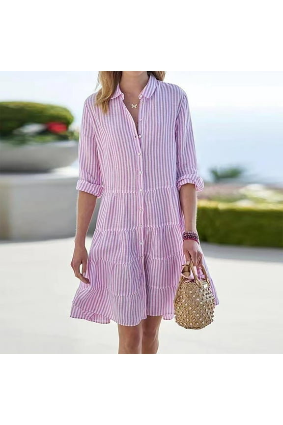 Huresd Midi Dresses for Women 2024 Long Sleeve Lapel Collar Button Down Shirt Dress Striped Print Party Dress Pink XL