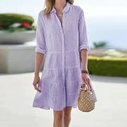 GODOKULEH Midi Dresses for Women 2024 Long Sleeve Lapel Collar Button Down Shirt Dress Striped Print Party Dress Purple 2XL