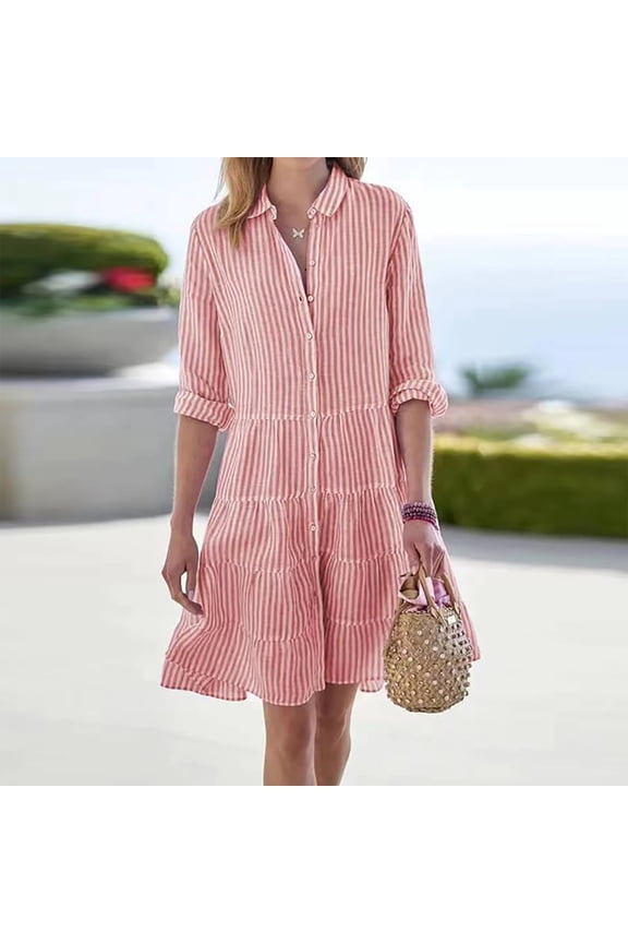 Midi Dresses for Women 2024 Long Sleeve Lapel Collar Button Down Shirt Dress Striped Print Party Dress Watermelon Red 2XL