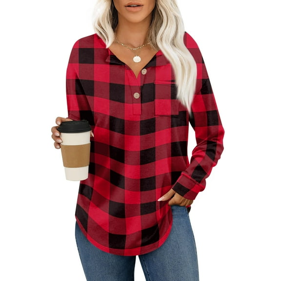 Godokuleh Plaid Shirts for Women Long Sleeve Button Down Henley Shirts Dressy Casual Fall Ladies Tops and Blouses Red L