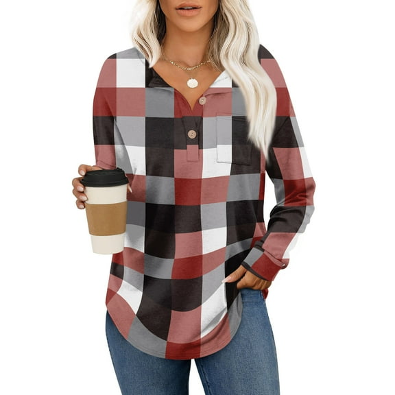 Godokuleh Plaid Shirts for Women Long Sleeve Button Down Henley Shirts Dressy Casual Fall Ladies Tops and Blouses Watermelon Red 2XL