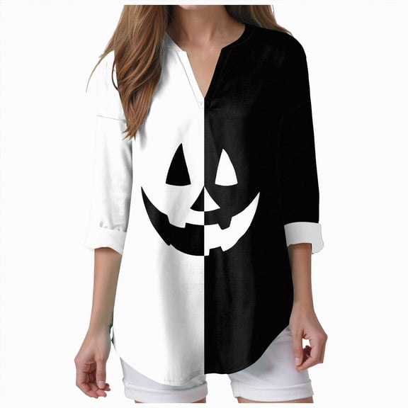 Godom 2025 Halloween Shirts for Women 3/4 Sleeve Funny Graphic Tees V Neck Festival Tops