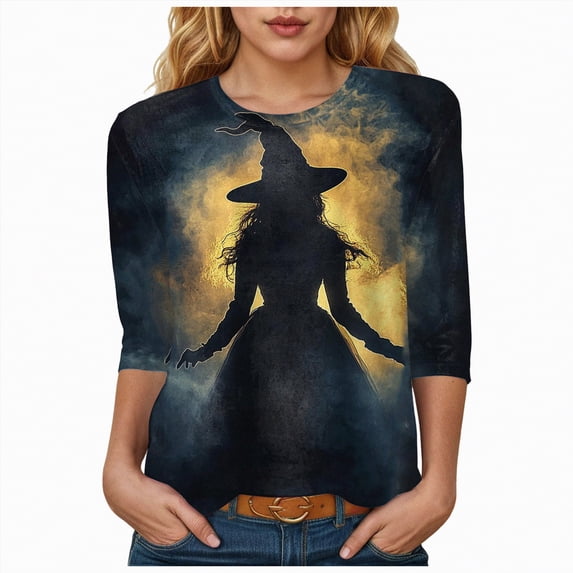 Godom 2025 Halloween Shirts for Women 3/4 Sleeve Ghost Graphic Tees Festival Tops Crew Neck T-Shirt