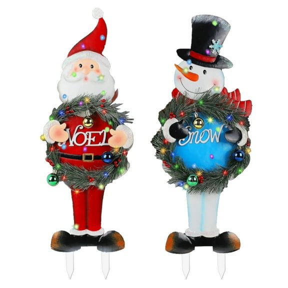 Godom 2Pcs Garden Outdoor Christmas Decoration, Cute Santa Christmas Garden Sign Garden Christmas Party Supplies String Lights