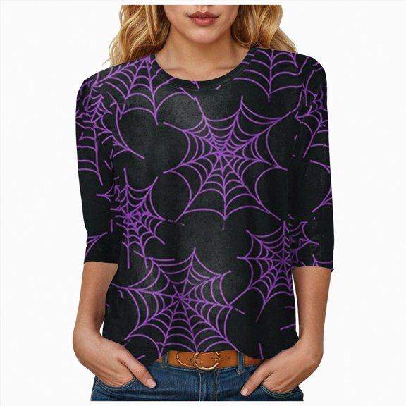 Godom 3/4 Length Sleeve Womens Tops Crewneck Neck Casual Halloween Shirts Print Trendy Blouses Fall Tee