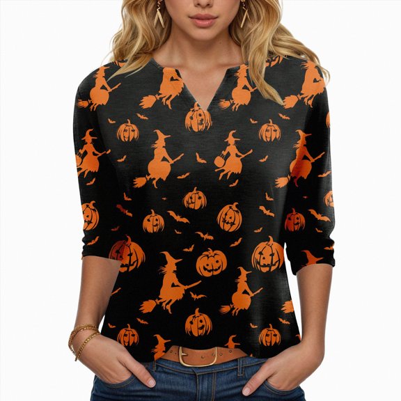 Godom 3/4 Long Sleeve Halloween Shirts for Women V Neck Fall Womens Tops Blouses Dressy Casual Winter Clothes