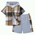 thumbnail image 1 of Godom Boys Clothes 5T Summer Two-Piece Outfit Short Sleeve Plaid Hooded Top & Shorts Sets,Khaki, 1 of 6