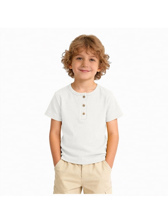 Boys Short Sleeve Shirt with 3 Button, Henley Shirt for Boys & Girls, Polo Shirt Without Collar,White