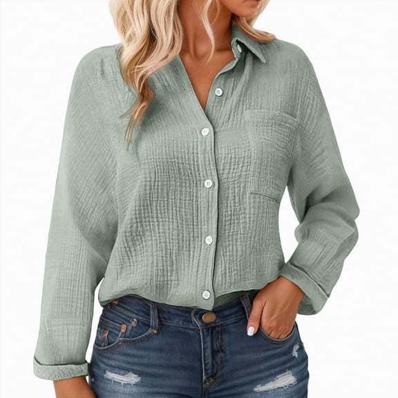 Godom Button Down Shirts for Women Fall Winter Long Sleeve Linen Shirts Casual V Neck Loose Cardigan with Pocket